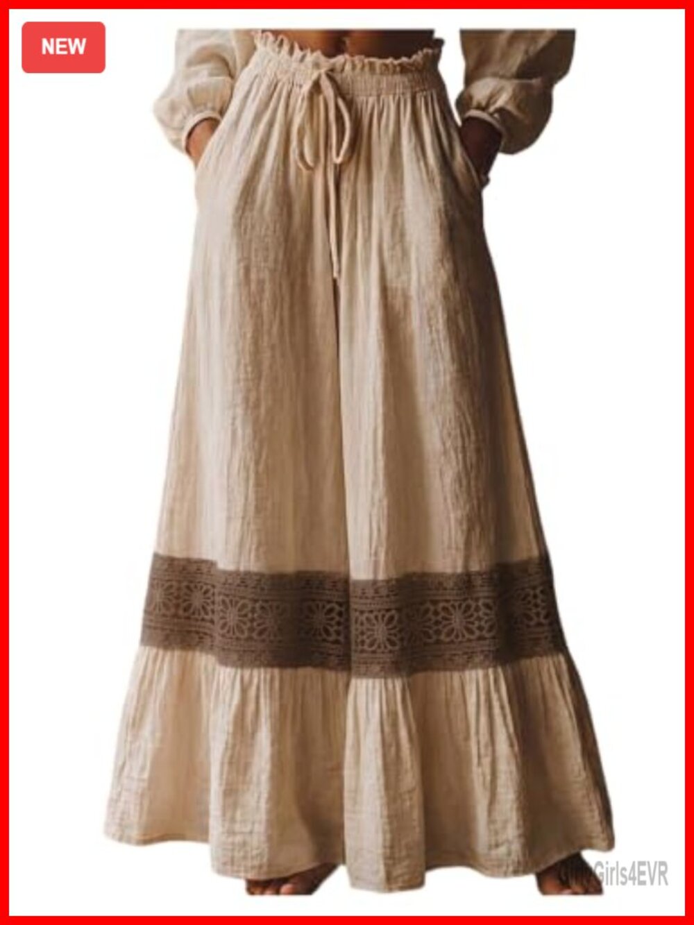 Shirred Maxi Skirt Lace Contrast A-Line with Pockets